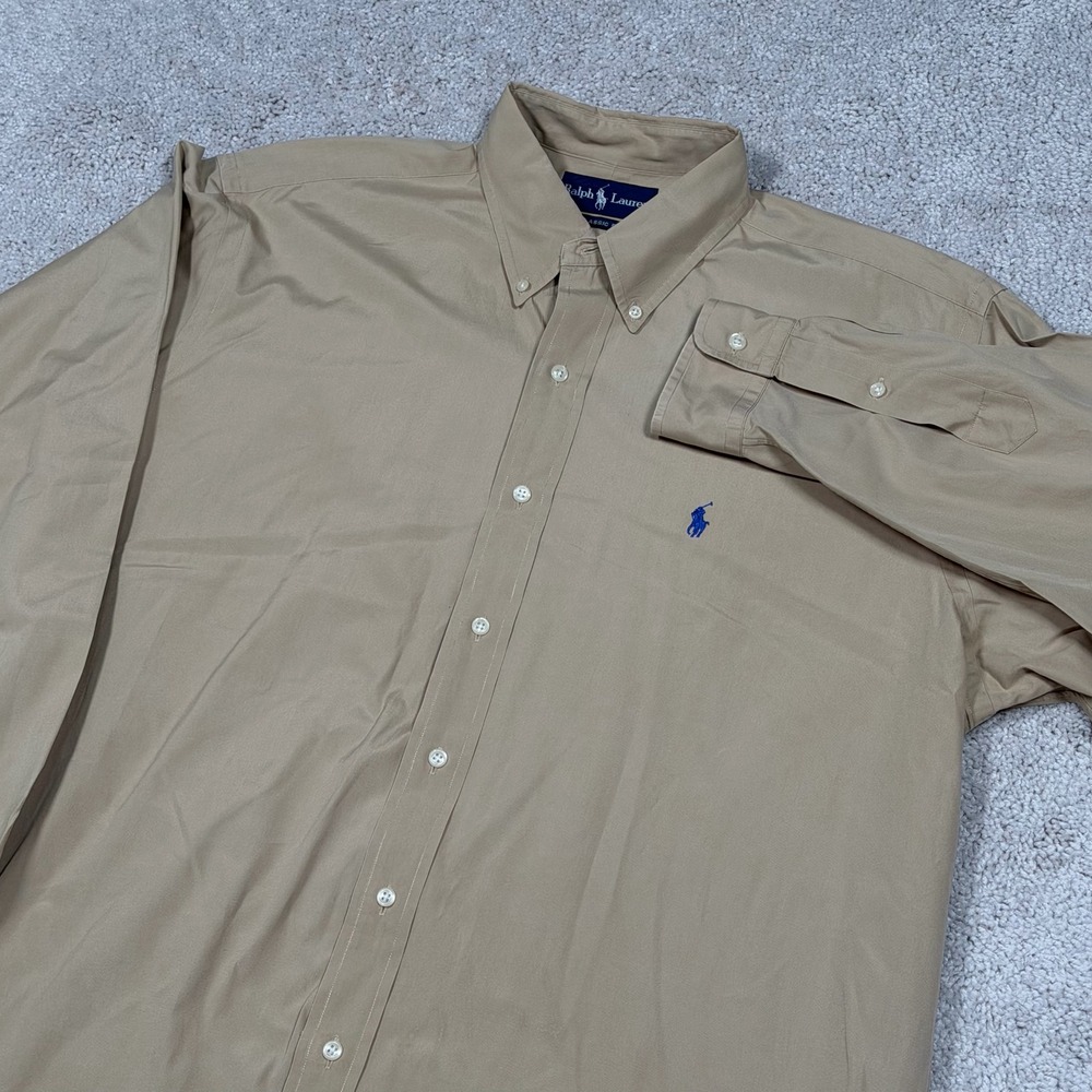 Vintage Ralph Lauren Classic Fit Cotton Button Down Shirt Tan Khaki Mens Large